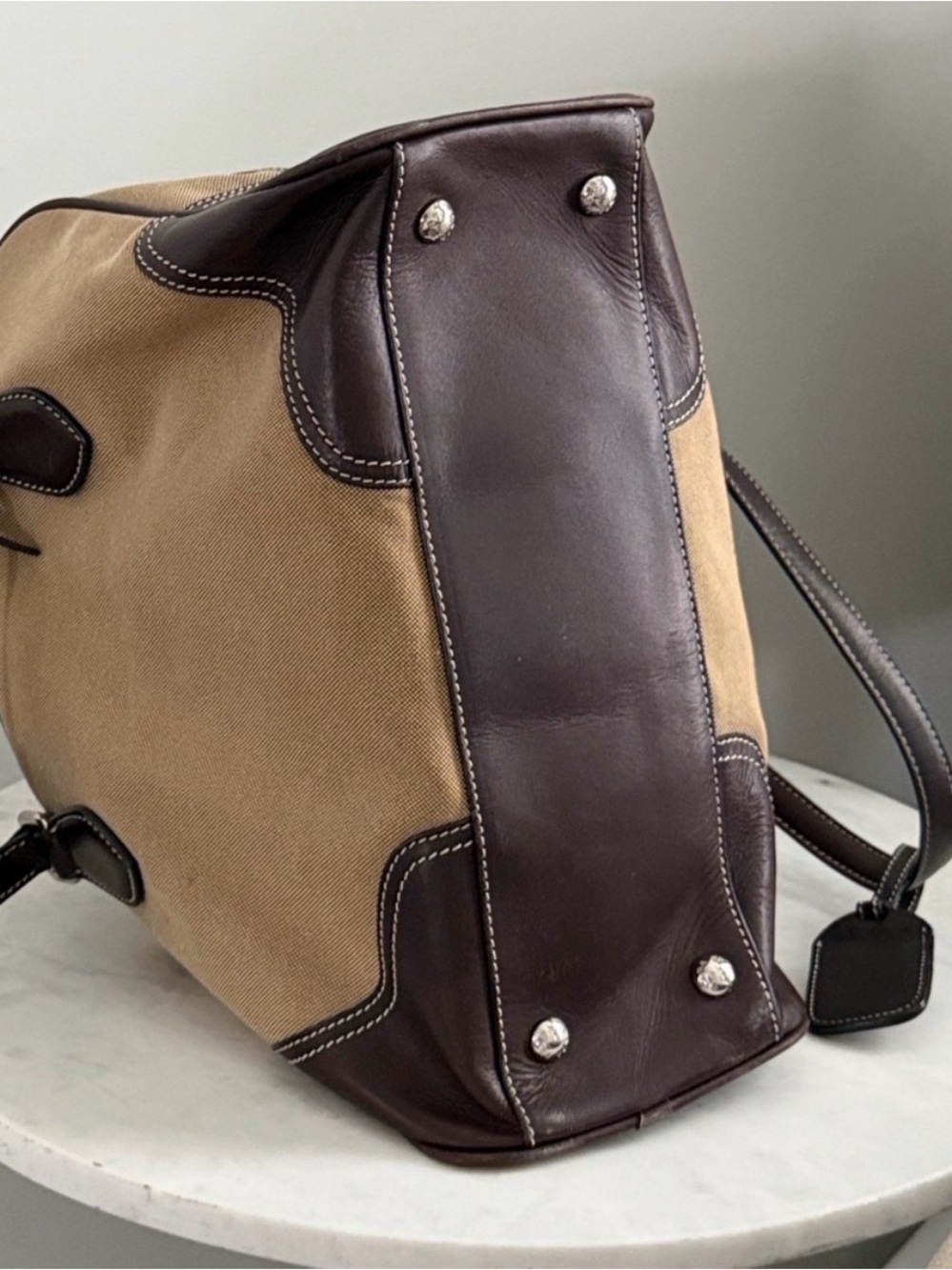Prada Beige and Dark Brown Canvas Leather Satchel Vintage - Picture 5 of 10